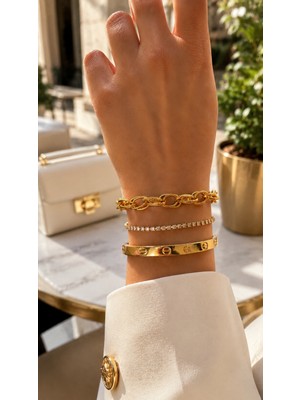 Adata Jewelry Çelik 3 Lü Altın Kaplama Zirkon Taşlı Kadın Kombin Bileklik Seti
