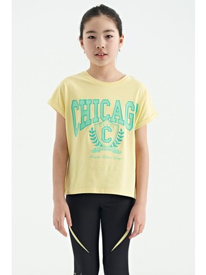 Tommy Life Sarı O Yaka Düşük Omuzlu Rahat Form Kısa Kollu Kız Çocuk T-Shirt - 75128