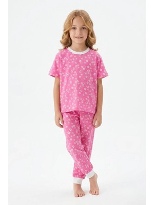Bunny Hopp Kız Çocuk Pijama Takımı %100 Pamuk Çiçek Desenli Yazlık Kısa Kollu
