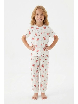 Bunny Hopp Kız Çocuk Pijama Takımı %100 Pamuk Çilek Desenli Yazlık Kısa Kollu