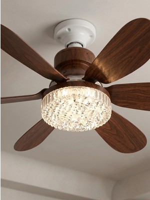 Nevamel® Crystal Aura 52 cm Ultra Sessiz Ahşap Renk LED Tavan Vantilatörü | 3 Kademeli Bakır Motor | Kumandalı Kristal Avize Vantilatör