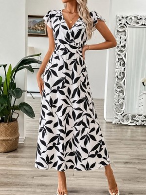 Alyn Wear Kadın Kısa Kollu Kruvaze Yakalı Desenli Uzun Süprem Elbise