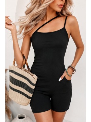 Modi Kadın Asimetrik Askılı Mini Kaşkorse Bodycon Tulum