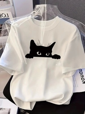 Modi Baskılı Oversize Bisiklet Yaka T-Shirt - Beyaz