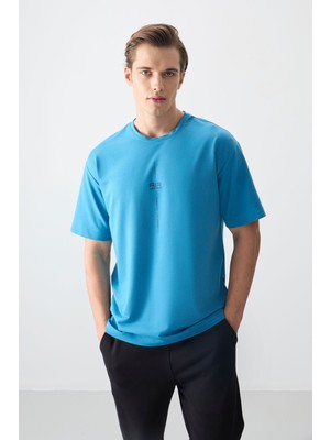 Air Jones Petrol Mavi Pamuklu Kalın Yumuşak Dokulu Oversize Fit Baskılı Erkek T-Shirt - 88373