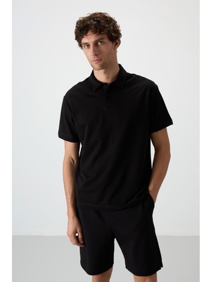 Air Jones Siyah Pamuklu Kalın Yumuşak Dokulu Polo Yaka Oversize Fit Basic Erkek T- Shirt - 88381