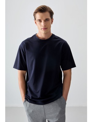 Lacivert Pamuklu Kalın Yumuşak Dokulu Oversize Fit Basic Erkek T-Shirt - 88377