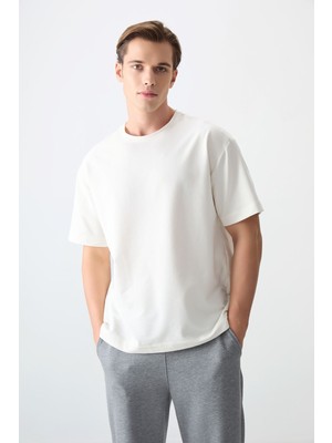Air Jones Ekru Pamuklu Kalın Yumuşak Dokulu Oversize Fit Basic Erkek T-Shirt - 88377