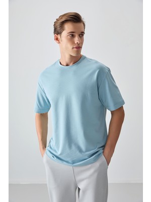 Air Jones Açık Mavi Pamuklu Kalın Yumuşak Dokulu Oversize Fit Basic Erkek T-Shirt - 88377