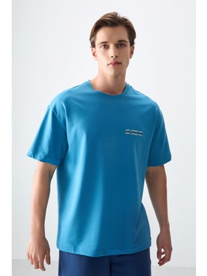 Air Jones Petrol Mavi Pamuklu Kalın Yumuşak Dokulu Oversize Fit Baskılı Erkek T-Shirt - 88375