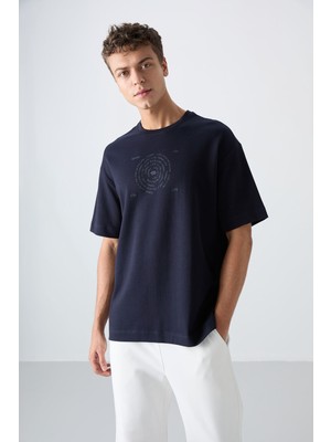 Tommy Life Lacivert Pamuklu Kalın Yumuşak Dokulu Oversize Fit Baskılı Erkek T-Shirt - 88324