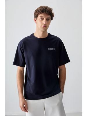 Air Jones Lacivert Pamuklu Kalın Yumuşak Dokulu Oversize Fit Baskılı Erkek T-Shirt - 88375