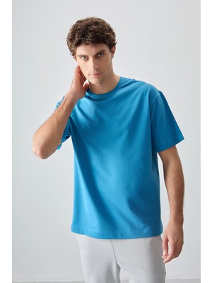 Air Jones Petrol Mavi Pamuklu Kalın Yumuşak Dokulu Oversize Fit Basic Erkek T-Shirt - 88377