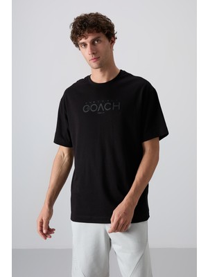 Tommy Life Siyah Pamuklu Kalın Yumuşak Dokulu Oversize Fit Baskılı Erkek T-Shirt - 88329