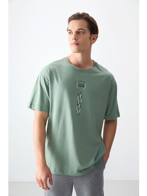 Air Jones Açık Yeşil %100 Pamuk Kalın Yumuşak Dokulu Oversize Fit Baskılı Erkek T-Shirt - 88355