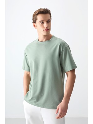 Air Jones Açık Yeşil Pamuklu Kalın Yumuşak Dokulu Oversize Fit Basic Erkek T-Shirt - 88377