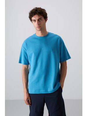 Tommy Life Petrol Mavi Pamuklu Kalın Yumuşak Dokulu Oversize Fit Baskılı Erkek T-Shirt - 88324