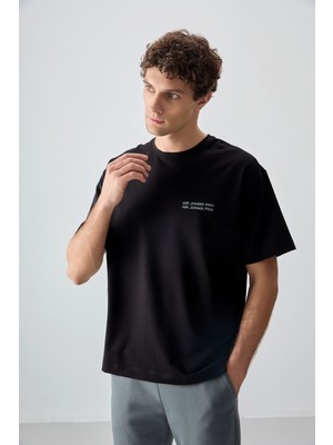 Air Jones Siyah Pamuklu Kalın Yumuşak Dokulu Oversize Fit Baskılı Erkek T-Shirt - 88375