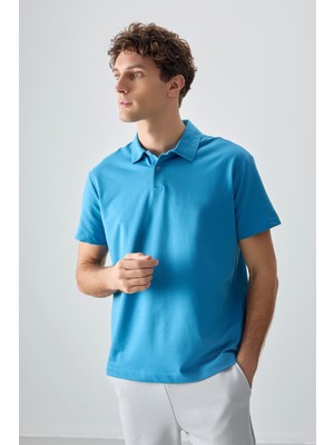 Air Jones Petrol Mavi Pamuklu Kalın Yumuşak Dokulu Polo Yaka Oversize Fit Basic Erkek T- Shirt - 88381