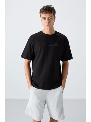Tommy Life Siyah Pamuklu Kalın Yumuşak Dokulu Oversize Fit Baskılı Erkek T-Shirt - 88330