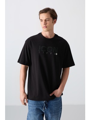 Tommy Life Siyah Pamuklu Kalın Yumuşak Dokulu Oversize Fit Baskılı Erkek T-Shirt - 88331