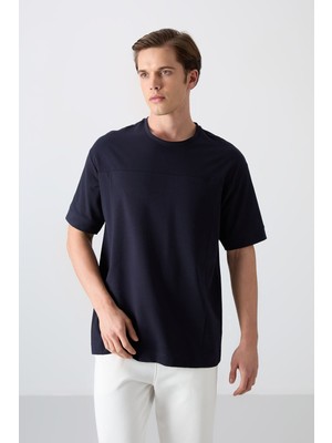 Tommy Life Lacivert Pamuklu Kalın Yumuşak Dokulu Oversize Fit Basic Erkek T-Shirt - 88349