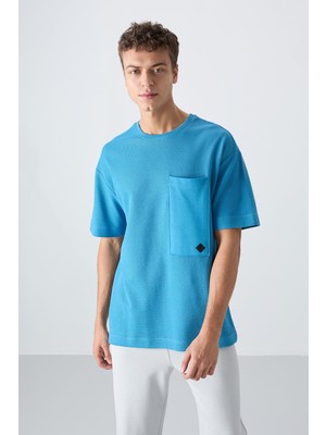Tommy Life Petrol Mavi Pamuklu Kalın Yüzeyi Dokulu Oversize Fit Basic Erkek T-Shirt - 88341
