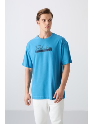 Tommy Life Petrol Mavi Pamuklu Kalın Yumuşak Dokulu Oversize Fit Baskılı Erkek T-Shirt - 88334