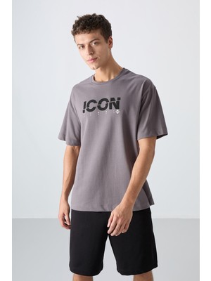 Tommy Life Koyu Gri Pamuklu Kalın Yumuşak Dokulu Oversize Fit Baskılı Erkek T-Shirt - 88331