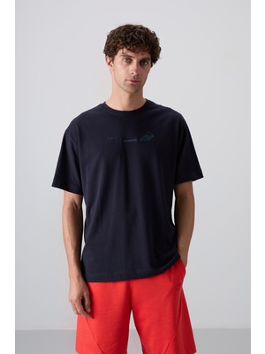 Tommy Life Lacivert Pamuklu Kalın Yumuşak Dokulu Oversize Fit Baskılı Erkek T-Shirt - 88330