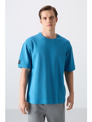 Tommy Life Petrol Mavi Pamuklu Kalın Yüzeyi Dokulu Oversize Fit Basic Erkek T-Shirt - 88339