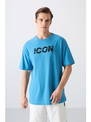 Tommy Life Petrol Mavi Pamuklu Kalın Yumuşak Dokulu Oversize Fit Baskılı Erkek T-Shirt - 88331