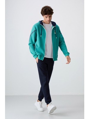 Tommy Life Deniz Yeşili - İndigo Pamuklu Kalın Yumuşak Dokulu Comfort Fit Baskılı Erkek Eşofman Takım - 85236