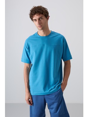 Tommy Life Petrol Mavi Pamuklu Kalın Yumuşak Dokulu Oversize Fit Basic Erkek T-Shirt - 88349