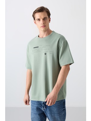 Tommy Life Açık Yeşil Pamuk Kalın Yumuşak Dokulu Oversize Fit Baskılı Erkek T-Shirt - 88326