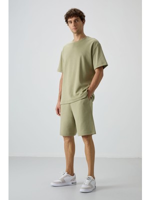Açık Çağla Pamuklu Kalın Yumuşak Dokulu Oversize Fit Basic Erkek Şort Takım - 85249