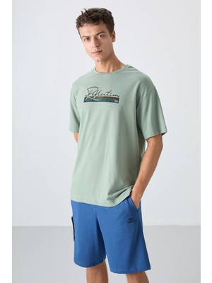 Tommy Life Açık Yeşil Pamuklu Kalın Yumuşak Dokulu Oversize Fit Baskılı Erkek T-Shirt - 88334