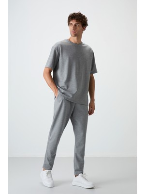 Air Jones Gri Melanj Pamuklu Kalın Yumuşak Dokulu Oversize Fit Basic Erkek Eşofman Takım - 85251