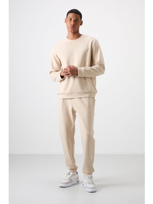 Air Jones Bej Pamuklu Kalın Yumuşak Dokulu Comfort Fit Nakışlı Erkek Eşofman Takım - 85254