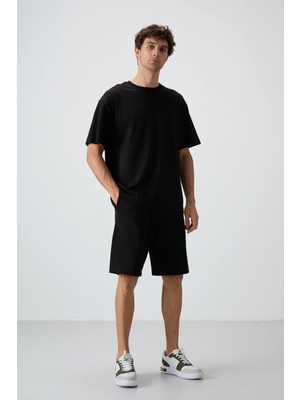 Air Jones Siyah Pamuklu Kalın Yumuşak Dokulu Oversize Fit Basic Erkek Şort Takım - 85249