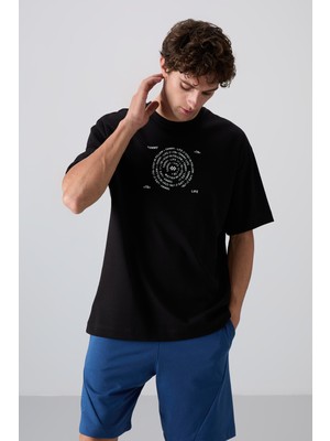 Tommy Life Siyah - Beyaz Pamuklu Kalın Yumuşak Dokulu Oversize Fit Baskılı Erkek T-Shirt - 88324