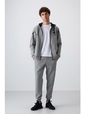 Tommy Life Gri Melanj Pamuklu Kalın Yumuşak Dokulu Comfort Fit Baskılı Erkek Eşofman Takım - 85236