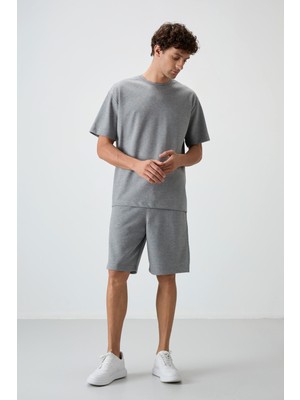 Air Jones Gri Melanj Pamuklu Kalın Yumuşak Dokulu Oversize Fit Basic Erkek Şort Takım - 85249