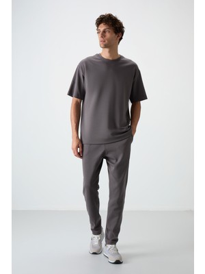 Air Jones Koyu Gri Pamuklu Kalın Yumuşak Dokulu Oversize Fit Basic Erkek Eşofman Takım - 85251