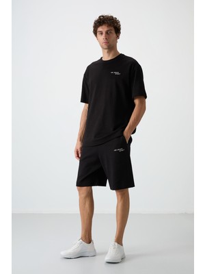 Air Jones Siyah Pamuklu Kalın Yumuşak Dokulu Oversize Fit Nakışlı Erkek Şort Takım - 85250