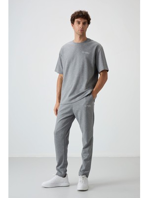 Air Jones Gri Melanj Pamuklu Kalın Yumuşak Dokulu Oversize Fit Nakışlı Erkek Eşofman Takım - 85252
