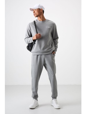 Air Jones Gri Melanj Pamuklu Kalın Yumuşak Dokulu Comfort Fit Nakışlı Erkek Eşofman Takım - 85254