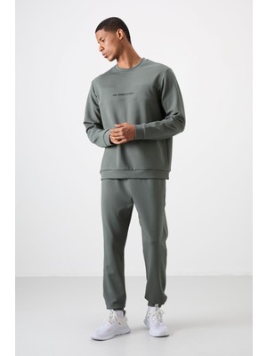 Air Jones Haki - Haki Pamuklu Kalın Yumuşak Dokulu Comfort Fit Baskılı Erkek Eşofman Takım - 85253
