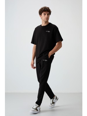 Air Jones Siyah Pamuklu Kalın Yumuşak Dokulu Oversize Fit Nakışlı Erkek Eşofman Takım - 85252