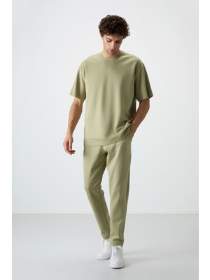 Açık Çağla Pamuklu Kalın Yumuşak Dokulu Oversize Fit Basic Erkek Eşofman Takım - 85251